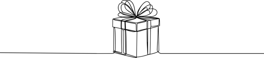 Gift box one line drawing. Continuous one line gift box.Presents with ribbon bow.Hand drawn greeting present box.Line art christmas surprise.	