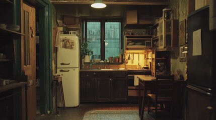 The apartment has a kitchen, bathroom, and rooms. There are doors leading into each room.