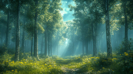 Fototapeta premium A serene forest illuminated by soft, ethereal sunlight filtering through trees, casting light on a path