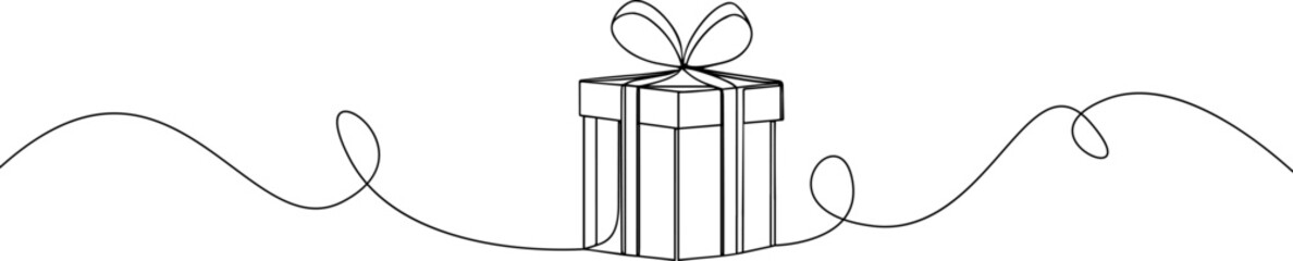 Gift box one line drawing. Continuous one line gift box.Presents with ribbon bow.Hand drawn greeting present box.Line art christmas surprise.	
