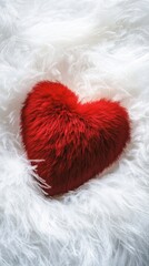 Fluffy red heart shaped pillow resting on soft white feathers