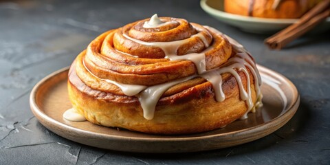 A close-up shot of a freshly baked cinnamon roll, showcasing its glistening frosting, soft dough, and tantalizing swirl of cinnamon filling.