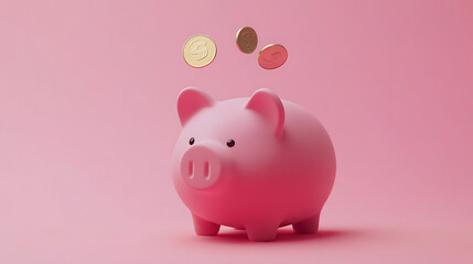 A classic pink piggy bank with coins being carefully inserted, symbolizing the idea of saving money.1