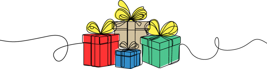 Gift box one line drawing. Continuous one line gift box.Presents with ribbon bow.Hand drawn greeting present box.Line art christmas surprise.	Gift boxes stack