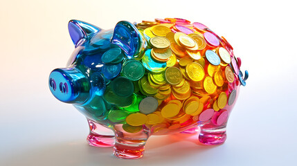 Transparent piggy bank filled with colorful coins, representing successful money-saving efforts.2