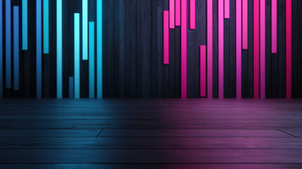 Vibrant neon lights illuminate wooden wall, creating dynamic atmosphere. contrasting colors of blue and pink enhance modern aesthetic