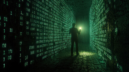 Enigmatic figure exploring a dark maze illuminated by a glowing flashlight, surrounded by cascading binary code in a mysterious digital realm