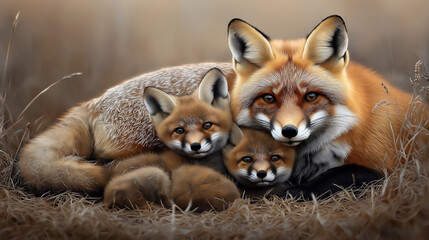 Obraz premium A family of red foxes consisting of an adult and two young kits lying closely together on dry grass in a natural setting, showcasing their vibrant orange and white fur.