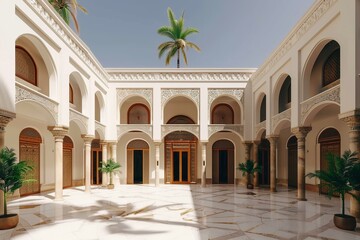 Obraz premium Luxurious moroccan riad courtyard with a marble floor, arches, columns, and a palm tree growing in the middle