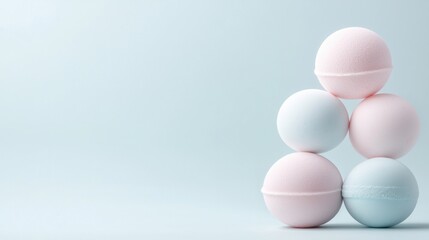 A stack of colorful bath bombs on a blue background