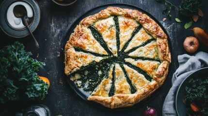 Rustic spinach and cheese galette on dark rustic background