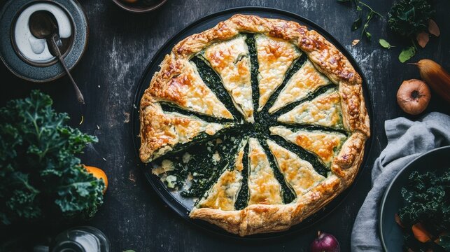 Rustic spinach and cheese galette on dark rustic background