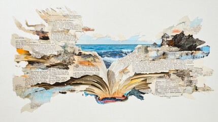 "A collage of torn book pages, with text and illustrations layered together to create the shape of an open book.