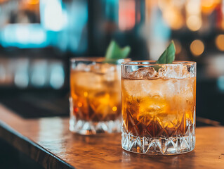 A glass of beer on the table on the pub bar bokeh background