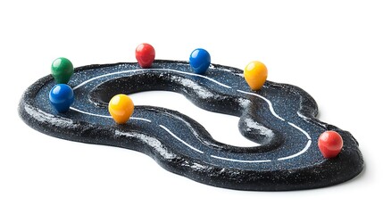 Winding road with colorful pins or markers, GPS location tracker map pin