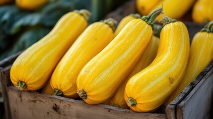 Fresh yellow squash harvest in wooden crate at farmers market