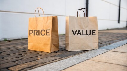 Two shopping bags labeled Price and Value sit on a paved sidewalk next to a white wall in a well-lit urban area