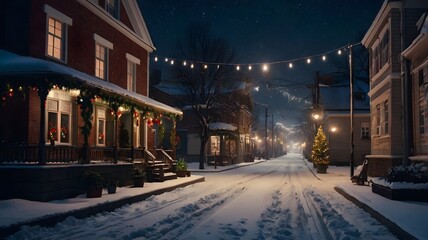 Christmas night on a snowy street, festive atmosphere, photorealistic