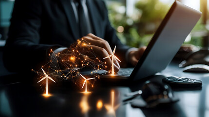 Businessman working on laptop with digital wind turbine graphics, symbolizing renewable energy and technology innovation. scene conveys modern, eco friendly approach