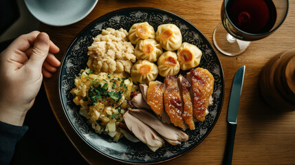 Plate with roasted chicken pieces, dumplings, mashed potatoes, and cabbage mix garnished with herbs, accompanied by a glass of red wine on a wooden table.