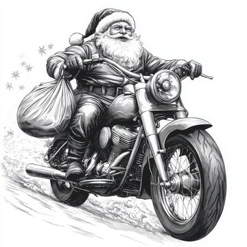 recommend clip art: Black and gray vintage engraving illustration of Santa Claus riding a motorcycle, with a bag of gifts. The design is hyper-realistic with high detail, clear outlines
