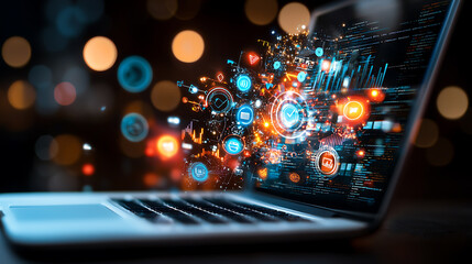 Fototapeta premium close up of laptop displaying vibrant SEO keyword analysis with colorful icons and data visualizations, showcasing digital marketing insights and analytics
