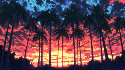 Anime or manga style tropical beach sunset. Animated cartoon scene.