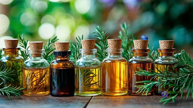 Collection of essential oil bottles with herbs on rustic wooden table. Concept of natural wellness, aromatherapy, and herbal remedies.