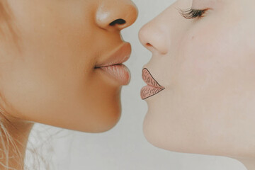 Obraz premium Artistic lips: blending real and sketch in intimate composition