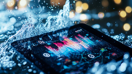 tablet displaying colorful stock market data submerged in water, creating dynamic splash effect. vibrant colors contrast with water, evoking sense of excitement and urgency