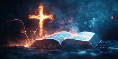 Divine breath representation through a glowing Bible and cross, highlighting the essence of faith and the beauty of spiritual symbols in abstract form