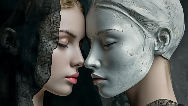 Surreal artwork of woman&rsquo;s face merging with a stone statue. Concept of duality, beauty, and the contrast between life and art.