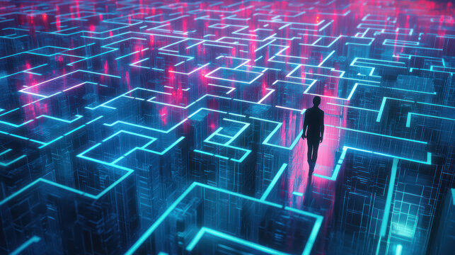 A Futuristic Side View of a Person Navigating Through a Neon Maze, Representing the Journey of Discovery in a Digital World Illuminated by Bright Colors