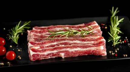 Fototapeta premium National Bacon Day Fresh raw slices of pork belly with rosemary and cherry tomatoes on black background