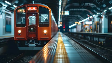 Fototapeta premium High-speed train at the station and a blurred city in the background, high resolution, high-quality image, travel, lighting, colorfulness, fast travel, be on time, technology.
