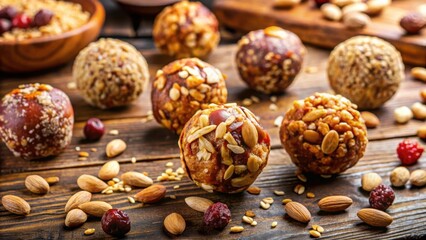 Homemade Energy Balls With Nuts And Dried Fruit On Rustic Wood Background