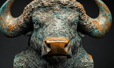 A detailed sculpture of a bison's head, showcasing intricate textures and colors. - Powered by Adobe