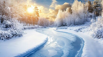 Obraz premium Winter landscape with snowy trees and river at sunset