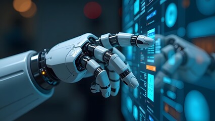 A highly advanced robotic hand is actively engaging with cuttingedge digital displays in a sleek modern setting