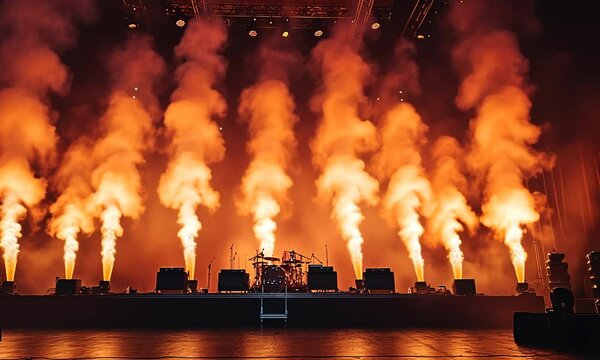 A dramatic stage setup with fiery smoke effects for a live music performance.