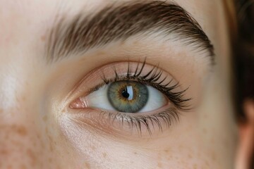Close up of a female eye with long eyelashes and perfect skin with freckles