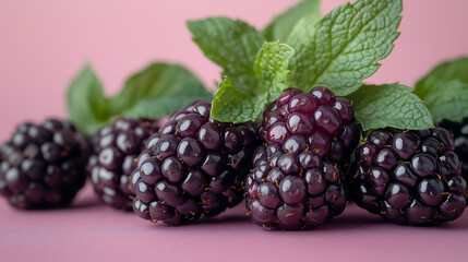 Fresh blackberries with mint leaves on a pastel background