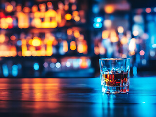 A glass of beer on the table on the pub bar bokeh background