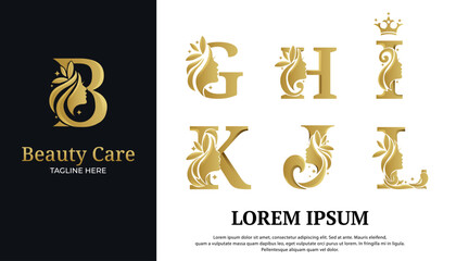 A set of luxury monogram initial letter G to L silhouette of Face woman	