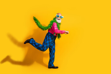 Full size photo of pensioner mister trolley shopping boa wear pink shirt retro plaid pants garment isolated on yellow color background