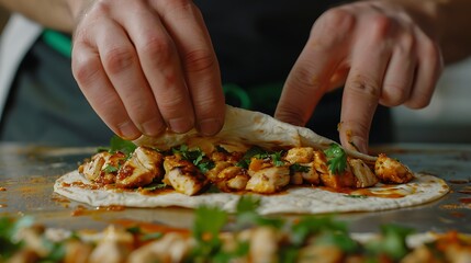 A chef's hands preparing chicken shawarma wraps, meticulously folding warm flatbread around marinated chicken, fresh herbs, and a squeeze of lemon, ready for serving.