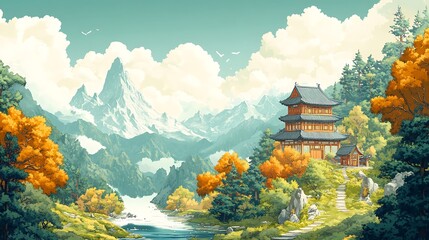 Ancient Temple Amidst Mountainous Landscape with River