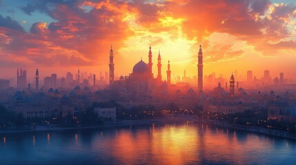 Naklejka premium A stunning sunset over a city with a prominent mosque in the center.