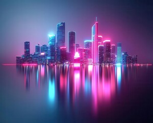 Fototapeta premium Futuristic city skyline, cyberpunk style, night scene with neon lights, 3D illustration