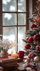 Christmas tree with red balls, books and a cup decorating a cozy home during a snowfall